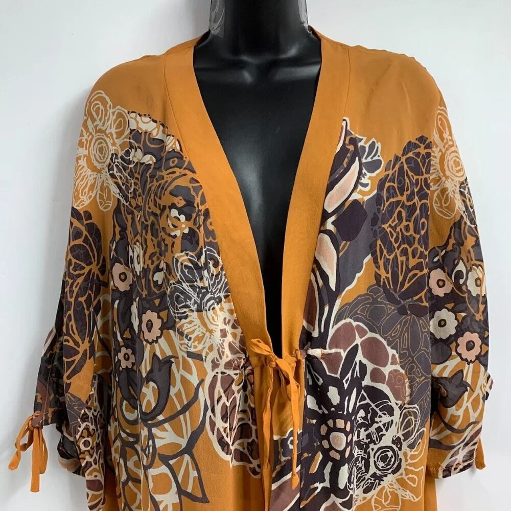 Lea Gottlieb Women's Floral Tie Front Floral 3/4 Sleeve‎ Kimono Size S